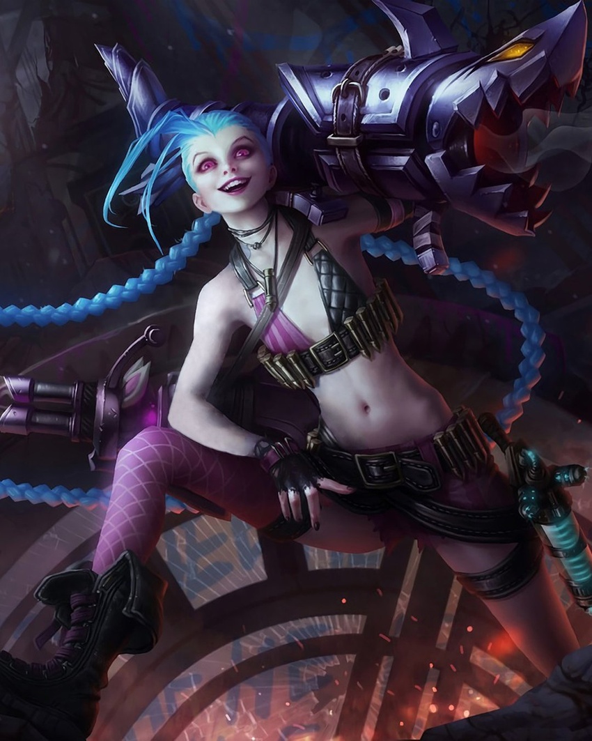 :d arm_up bare_arms bare_shoulders belt black_belt black_gloves black_nails braid bullet bullet_necklace female fingerless_gloves flat_chest gatling_gun gloves highres jinx_(league_of_legends) league_of_legends long_hair looking_at_viewer minigun nail_polish navel no_tattoo pink_eyes pink_lips pink_shorts pink_thighhighs rocket_launcher shoes shorts single_thighhigh smile solo teeth thighhighs twin_braids twintails very_long_hair weapon