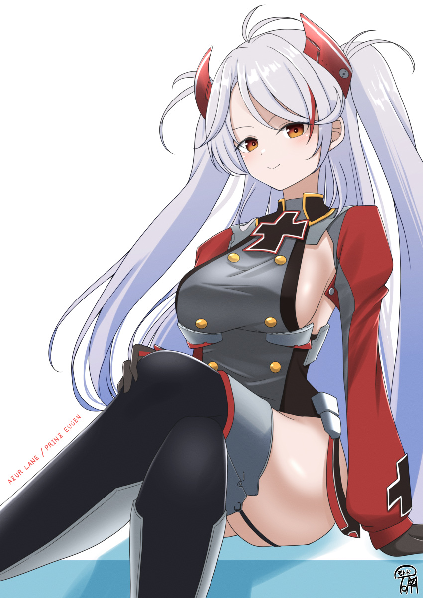 absurdres ahoge arm_support asymmetrical_bangs azur_lane black_gloves black_thighhighs breasts brown_eyes buttons character_name closed_mouth commentary_request copyright_name cross crossed_legs double-breasted female garter_straps gloves grey_hair grey_shirt hand_on_own_knee headpiece highres iron_cross long_hair looking_at_viewer medium_breasts motodouryou multicolored_hair parted_bangs partial_commentary prinz_eugen_(azur_lane) red_hair shirt shrug_(clothing) sideboob signature simple_background sitting smile solo streaked_hair thighhighs thighs two-tone_hair two_side_up white_background