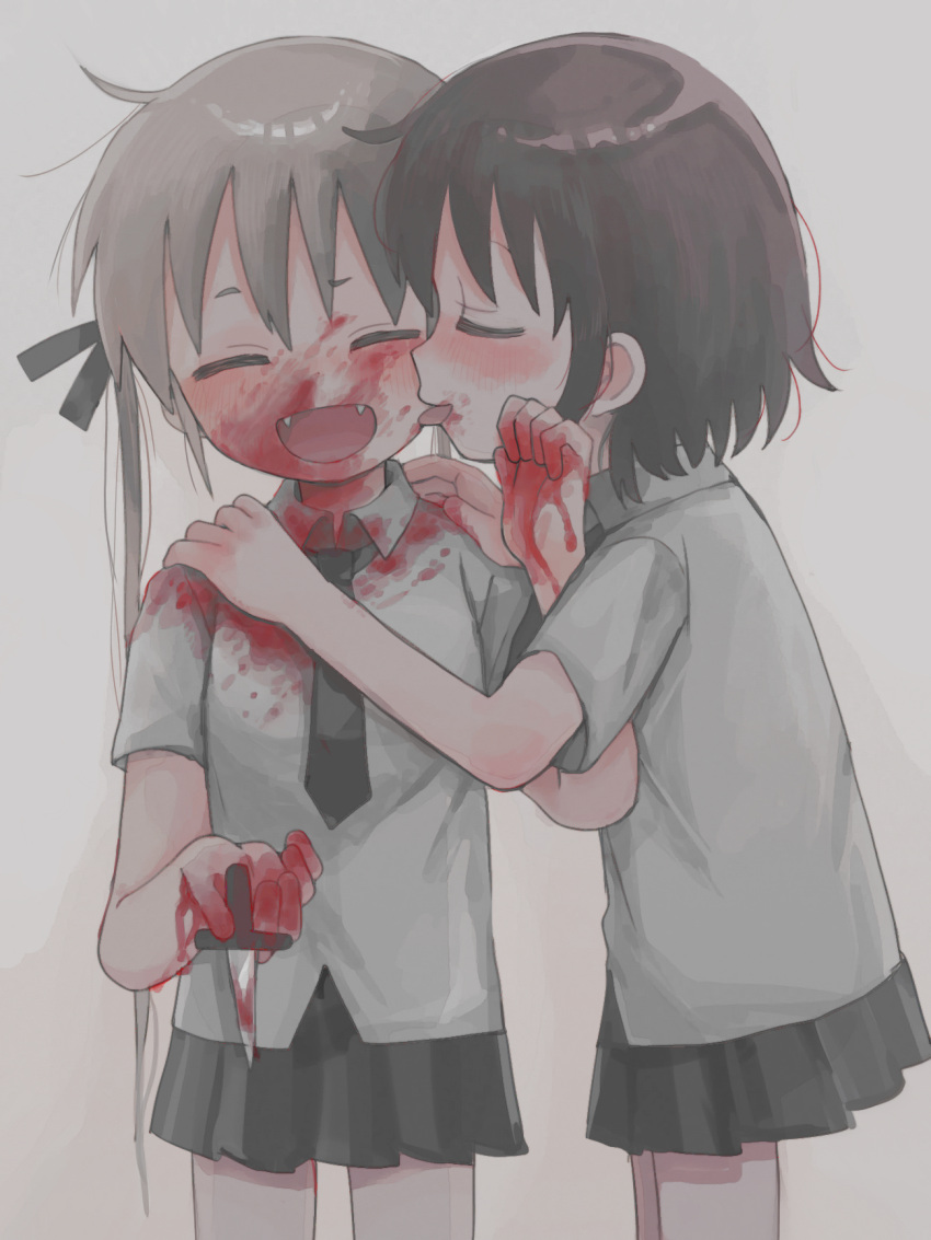 2girls ahoge black_necktie black_skirt blonde_hair blood blood_on_clothes blood_on_face blood_on_hands blood_splatter blush brown_hair closed_eyes collared_shirt commentary_request cowboy_shot facing_viewer fangs hands_on_another's_shoulders head_tilt highres holding holding_knife kill_me_baby knife licking licking_another's_face licking_blood long_hair multiple_girls muted_color necktie open_mouth oribe_yasuna pleated_skirt profile raised_eyebrow shirt short_eyebrows short_hair short_sleeves simple_background skirt smile sonya_(kill_me_baby) twintails white_background white_shirt yasashii_naizou yuri