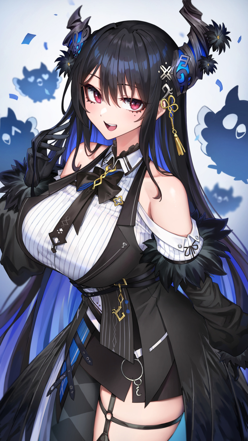 :d argyle_clothes argyle_legwear asymmetrical_horns bare_shoulders black_gloves black_hair blue_hair breasts colored_inner_hair demon_horns female gloves hair_ornament highres hololive hololive_english horns jailbird_(nerissa_ravencroft) large_breasts long_hair mole mole_under_eye multicolored_hair nerissa_ravencroft nerissa_ravencroft_(1st_costume) oopartz_yang open_mouth red_eyes revision single_leg_pantyhose smile solo tassel tassel_hair_ornament thigh_strap very_long_hair virtual_youtuber