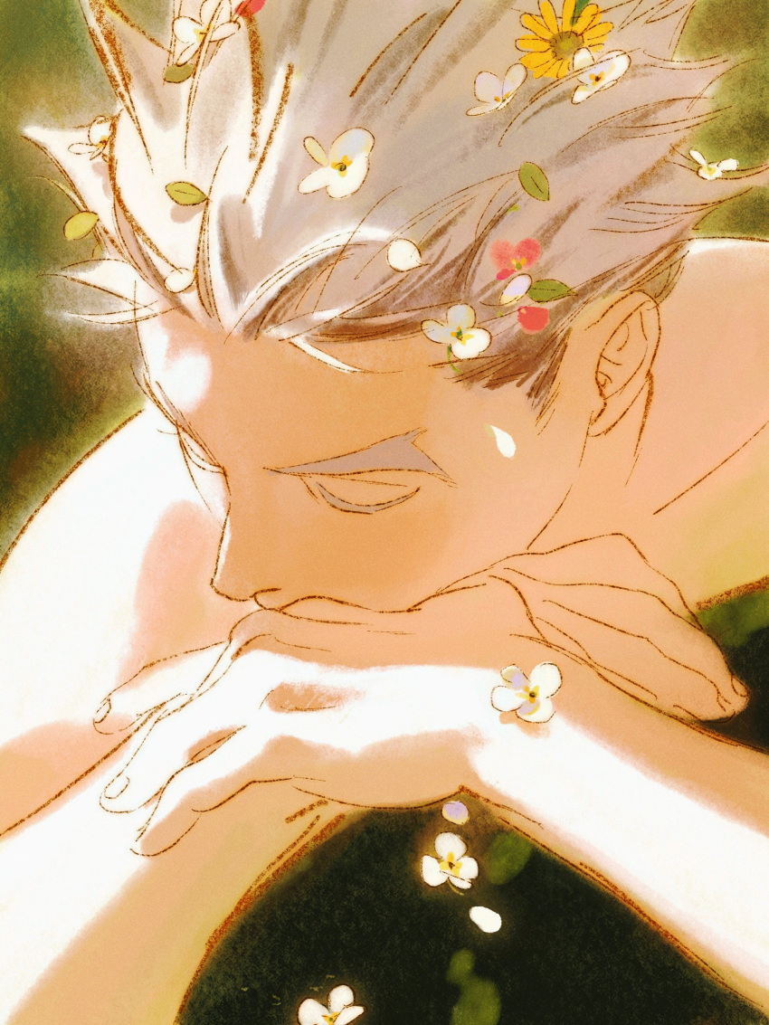 1boy black_hair bokuto_koutarou chengongzi123 closed_eyes facing_to_the_side flower from_above green_background grey_hair haikyuu!! hair_flower hair_ornament head_rest highres male_focus multicolored_hair nude own_hands_together partially_submerged petals portrait red_flower short_hair solo spiked_hair streaked_hair sunlight white_flower yellow_flower