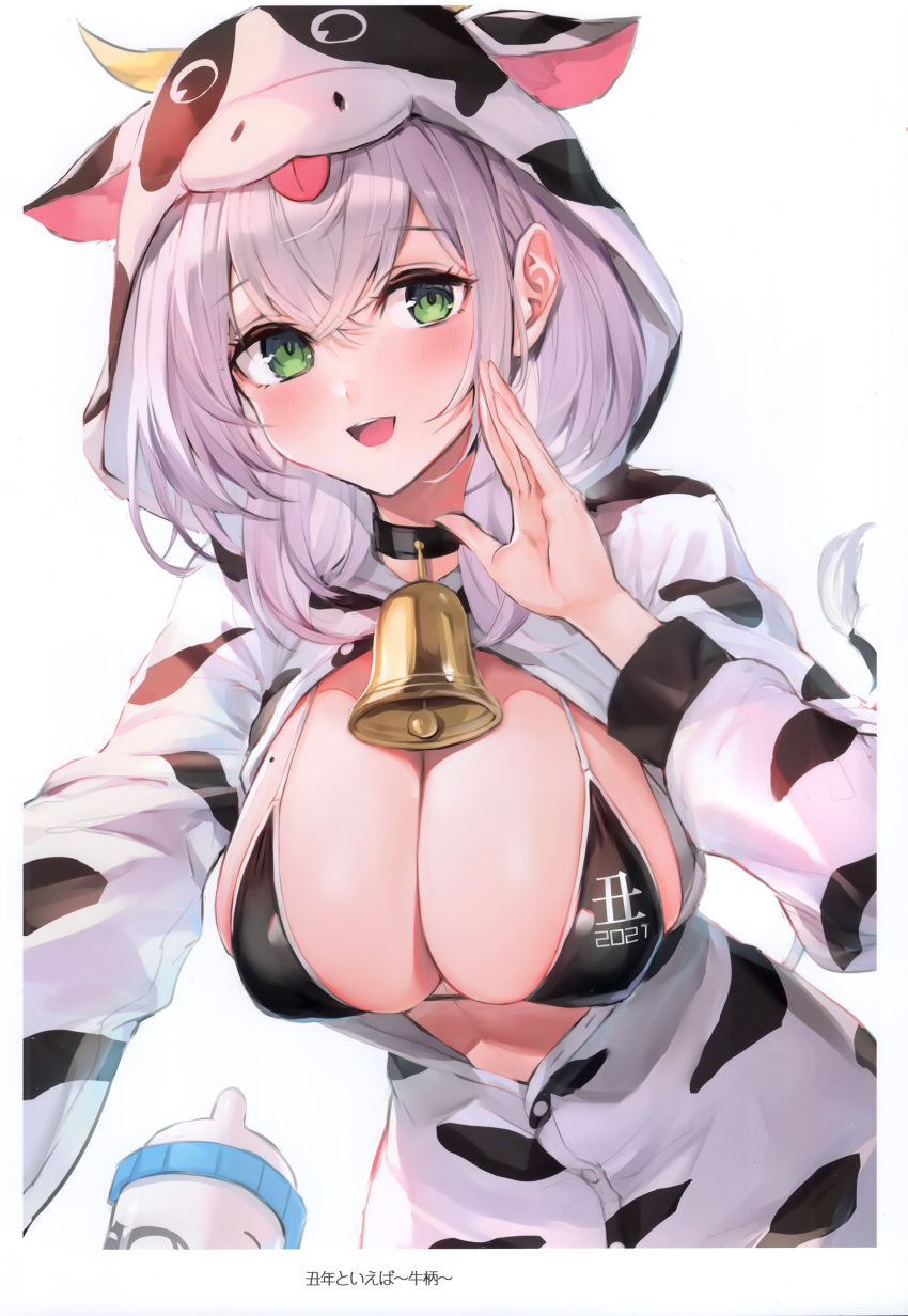 2021 absurdres alternate_costume animal_print bell blush breasts buttons cleavage cow_hood cow_print cow_tail fake_horns fake_tail female green_eyes grey_hair hand_up highres hololive hood horns large_breasts long_sleeves looking_at_viewer mole mole_on_breast neck_bell scan shirogane_noel short_hair smile tail teeth upper_teeth_only virtual_youtuber watao white_background