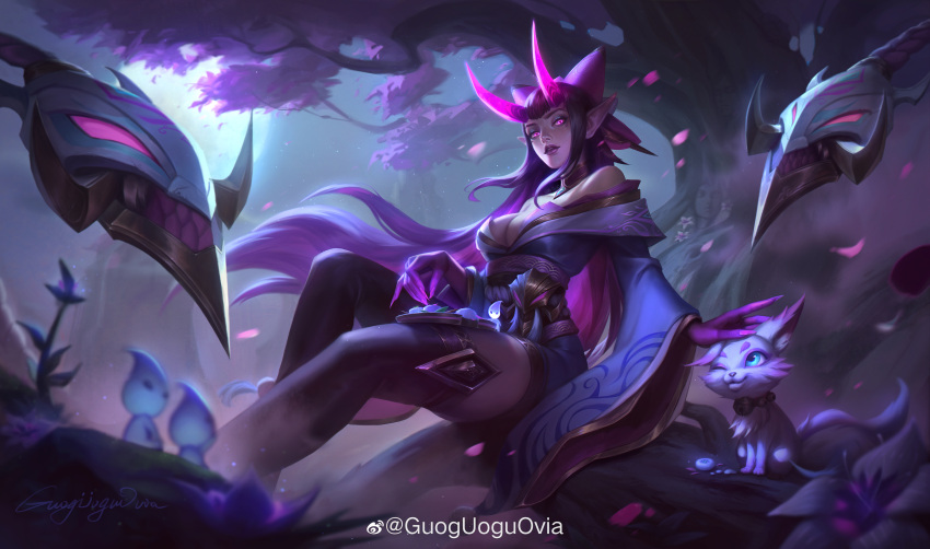 absurdres artist_name bare_shoulders breasts chinese_commentary cleavage evelynn_(league_of_legends) eyeshadow falling_petals female fox glowing glowing_eyes guoguoguovia highres large_breasts league_of_legends long_sleeves makeup moon moonlight official_alternate_costume official_alternate_hairstyle outdoors parted_lips petals pointy_ears purple_eyes purple_hair signature sitting solo spirit_blossom_evelynn tree wide_sleeves