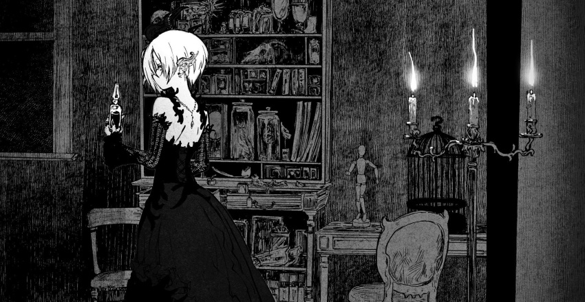 alternate_costume animal_skull backless_dress backless_outfit birdcage cage candlestand chair drawing_mannequin dress ear_piercing elbow_gloves expressionless female fingerless_gloves fingernails from_behind gloves greyscale half-closed_eyes hand_up highres holding_vial idolmaster idolmaster_cinderella_girls indoors jar jewelry lace lace_gloves long_bangs long_dress long_fingernails looking_at_viewer looking_back monochrome necklace no_mouth payama piercing profile shelf shirasaka_koume short_hair solo window