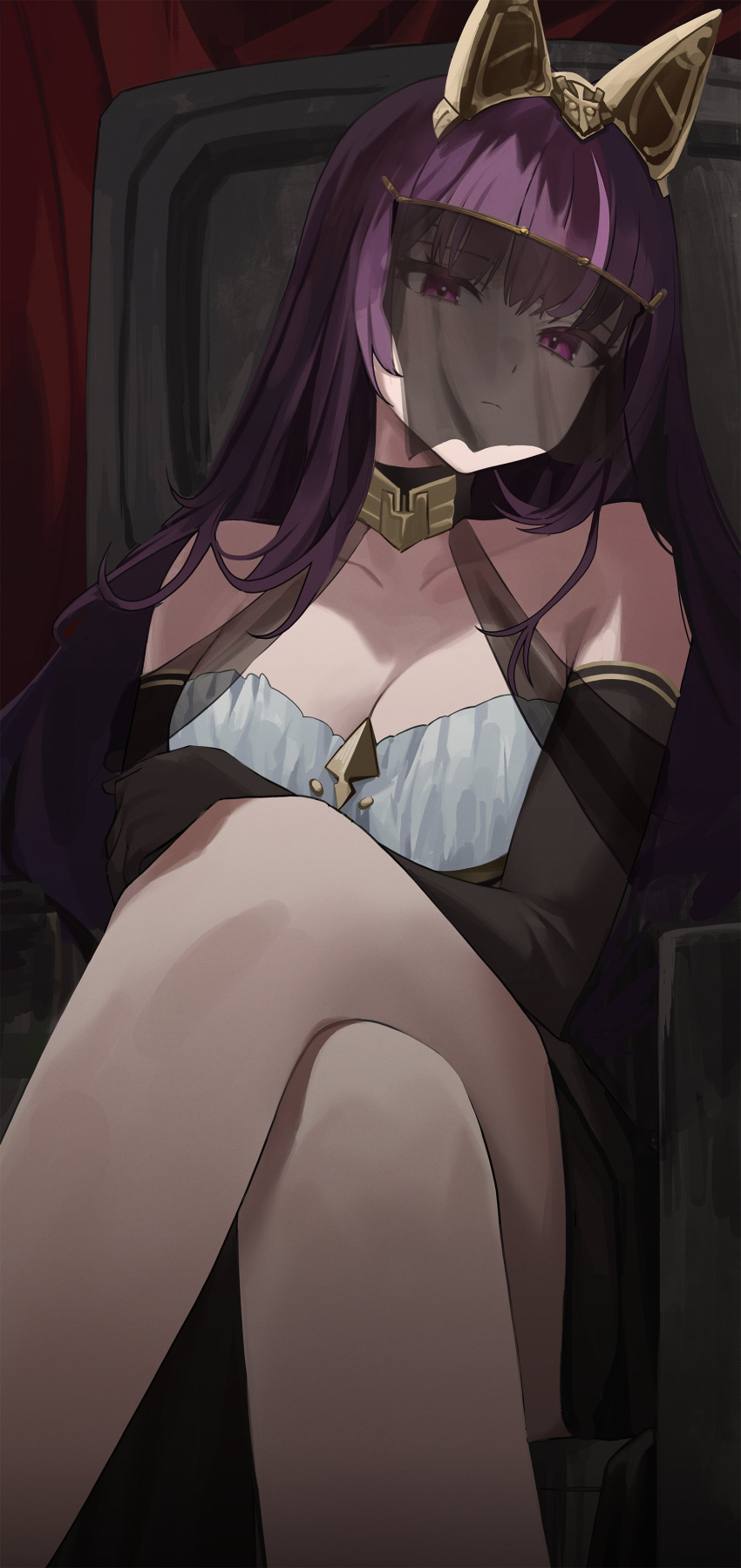 absurdres animal_ears bare_shoulders black_dress black_gloves black_veil breasts choker cleavage closed_mouth collarbone commentary crossed_legs dress elbow_gloves expressionless fake_animal_ears female gloves highres jururu large_breasts long_hair looking_at_viewer multicolored_hair ori_(0rizuru) purple_eyes purple_hair sitting solo strapless strapless_dress streaked_hair veil veil_over_eyes virtual_youtuber waktaverse