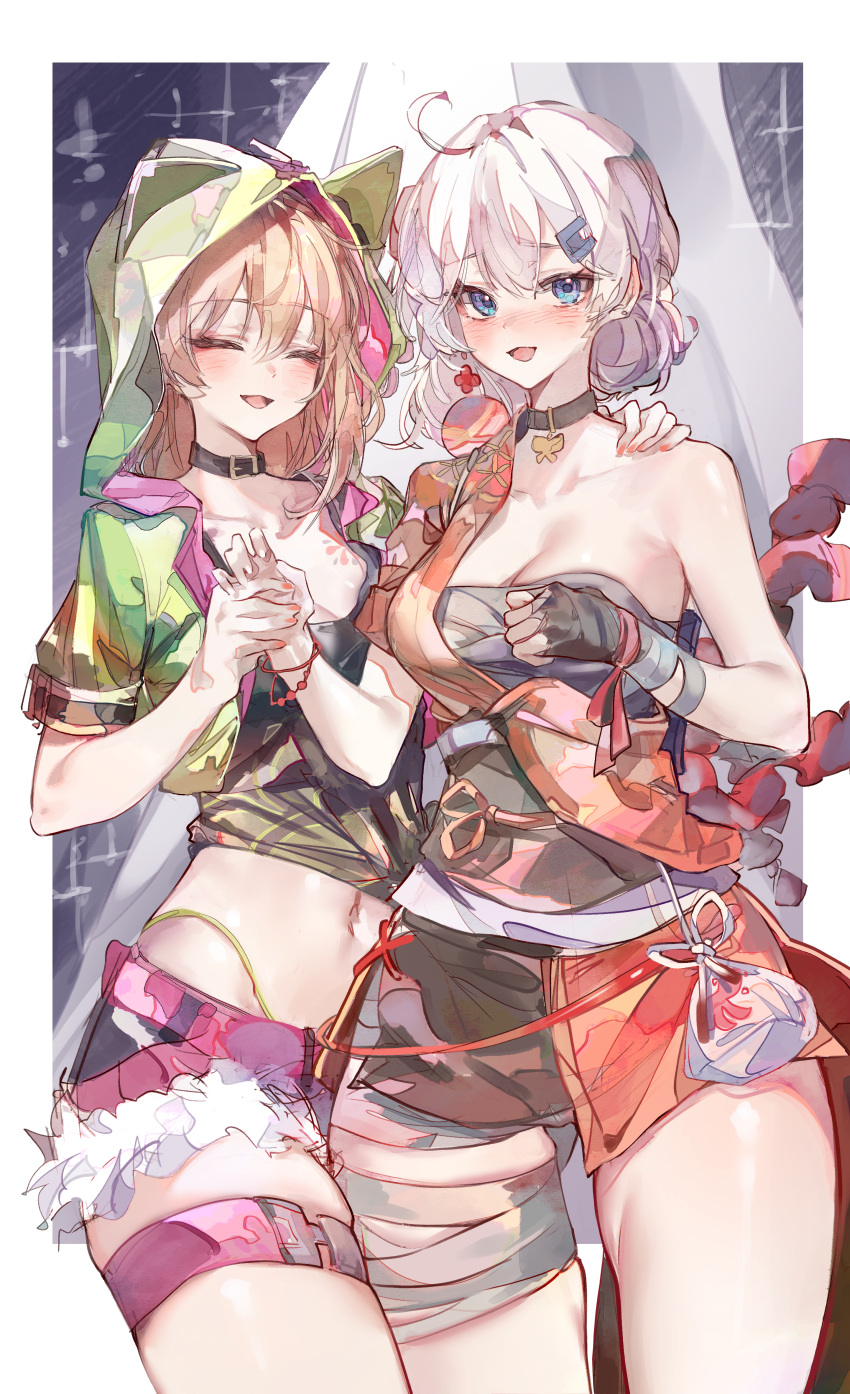 2girls :d absurdres ahoge bandages bare_shoulders blonde_hair blue_eyes border breasts chest_tattoo choker cleavage closed_eyes cocoballking commission cosplay costume_switch genshin_impact green_hood hair_between_eyes hair_ornament highres honkai_(series) honkai_impact_3rd hood hooded_jacket jacket japanese_clothes kiana_kaslana kiana_kaslana_(knight_moonbeam) kiana_kaslana_(knight_moonbeam)_(cosplay) kimono long_hair looking_at_viewer medium_breasts mihoyo multiple_girls open_mouth orange_kimono pixiv_commission sarashi smile tattoo white_border white_hair yoimiya_(genshin_impact)