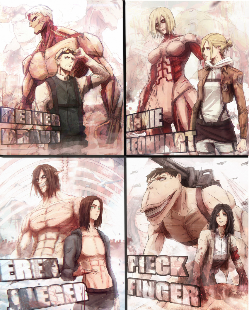 2boys 2girls absurdres annie_leonhart armband armored_titan bare_pectorals black_eyes black_hair blood blood_on_hands breasts brown_hair cart_titan character_name eren_yeager female_titan founding_titan giant giant_male giantess goggles goggles_on_head highres long_hair looking_at_viewer multiple_boys multiple_girls official_alternate_costume pectorals pieck_finger reiner_braun ribs rogue_titan shingeki_no_kyojin shirt short_hair spoilers stephengiannart titan_(shingeki_no_kyojin) toned toned_male