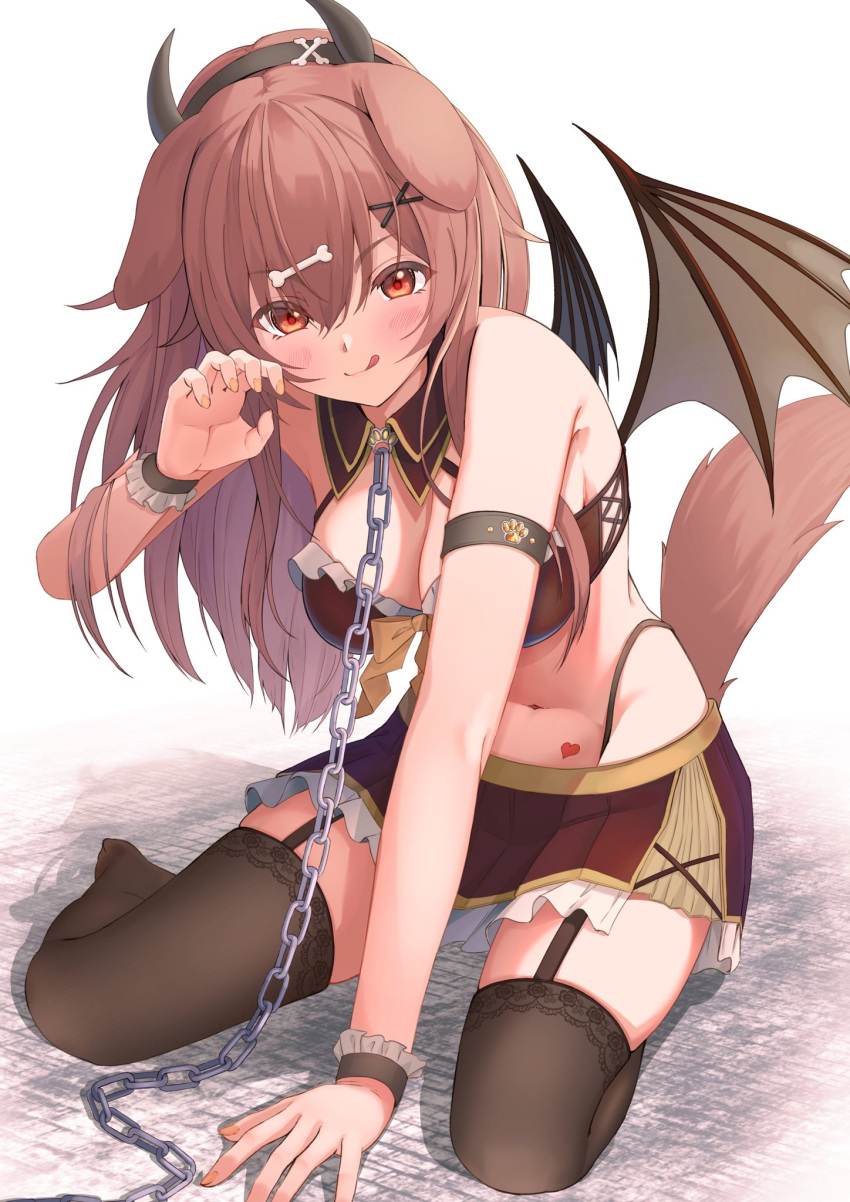 ;q alternate_costume animal_ears arm_support bikini black_garter_straps black_hairband black_thighhighs blush bone_hair_ornament breasts brown_bikini brown_eyes brown_hair brown_shirt chain_leash chains claw_pose cleavage commentary_request demon_girl demon_horns demon_wings detached_collar dog_ears dog_girl dog_tail double-parted_bangs extra_ears fake_horns female fingernails frilled_bikini frilled_skirt frills full_body garter_straps hair_between_eyes hair_ornament hairband hairclip highres hololive horns inugami_korone large_breasts leash licking_lips long_hair looking_at_viewer miniskirt navel no_shoes nyoon one_eye_closed panty_straps parted_hair pleated_skirt shirt skirt solo swimsuit tail thighhighs tongue tongue_out virtual_youtuber wings wrist_cuffs x_hair_ornament zettai_ryouiki