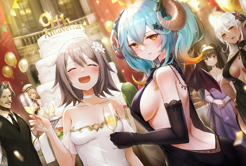 1boy 6+girls :d =_= aigis_(sennen_sensou_aigis) alcohol anniversary aqua_hair augusta_(sennen_sensou_aigis) backless_dress backless_outfit balcony balloon banner bare_shoulders black_dress black_gloves black_necktie black_ribbon black_wings blush breasts breasts_apart brown_hair bunting butler cake center_opening champagne champagne_flute character_request choker cleavage collarbone commentary cup curled_horns dark-skinned_female dark_elf dark_skin demon_girl demon_horns double_bun dress drink drinking_glass elbow_gloves elf facial_hair flipped_hair flower food glint gloves gradient_hair green_hair grey_hair hair_between_eyes hair_bun hair_flower hair_ornament hair_ribbon hairband halter_dress halterneck hand_on_own_hip hat highres holding holding_cup holding_drink holding_tray horns indoors kai_(ootamuno12) lace-trimmed_gloves lace_trim lapis_(sennen_sensou_aigis) layer_cake long_hair looking_at_viewer looking_back medium_breasts mini_wings moustache multicolored_hair multiple_girls necktie orange_hair own_hands_together party pointy_ears purple_dress ribbon rinne_(sennen_sensou_aigis) sennen_sensou_aigis shirt sideboob smile strapless strapless_dress tray twintails umbre_(sennen_sensou_aigis) viktor_(sennen_sensou_aigis) white_choker white_dress white_hair white_hairband white_shirt window wings