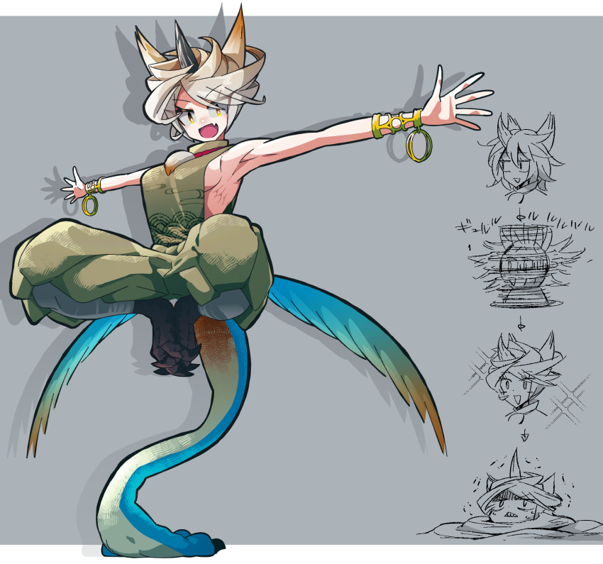 :d amulet armlet armpits balancing_on_tail bishaten blonde_hair blue_feathers breasts buried chinese_clothes clawed_feet claws commentary feathers female full_body grey_background happy highres horns jari_(1986) jewelry looking_at_viewer looking_to_the_side medium_breasts monster_girl monster_hunter_(series) multicolored_hair oerba_yun_fang open_mouth outstretched_arms personification ring shaking sideboob sideless_outfit simple_background single_horn smile solo sparkle spinning sweat tail two-tone_hair yellow_eyes