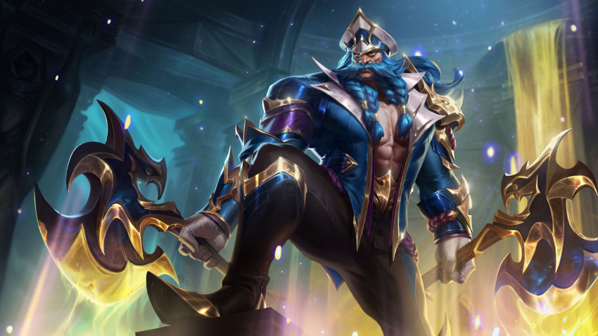 1boy axe black_pants blue_hair blue_jacket boots braid closed_mouth dual_wielding glorious_admiral_olaf gloves green_hair highres holding holding_axe indoors jacket knee_boots knee_up league_of_legends league_of_legends:_wild_rift legs_apart long_hair multiple_braids muscular muscular_male official_art olaf_(league_of_legends) open_clothes open_jacket pants solo standing white_gloves white_headwear