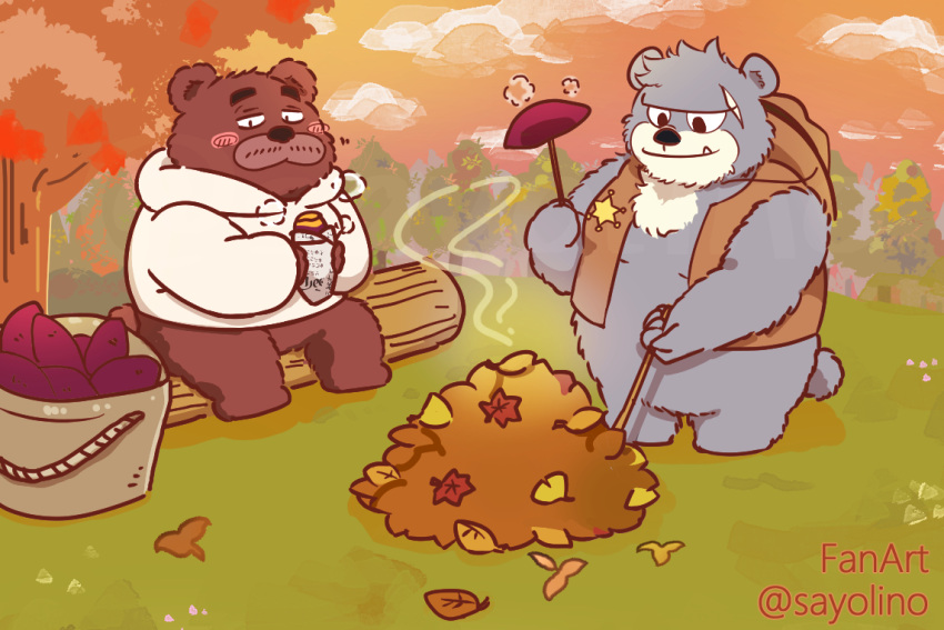 2023 anthro autumn bear blush brew_(kumalino) brown_body brown_fur clothing detailed_background duo fur grey_body grey_fur hat headgear headwear hoodie kemono kumalino leaf male mammal outside plant roast_(kumalino) sanrio sayolino scar sitting slightly_chubby topwear tree