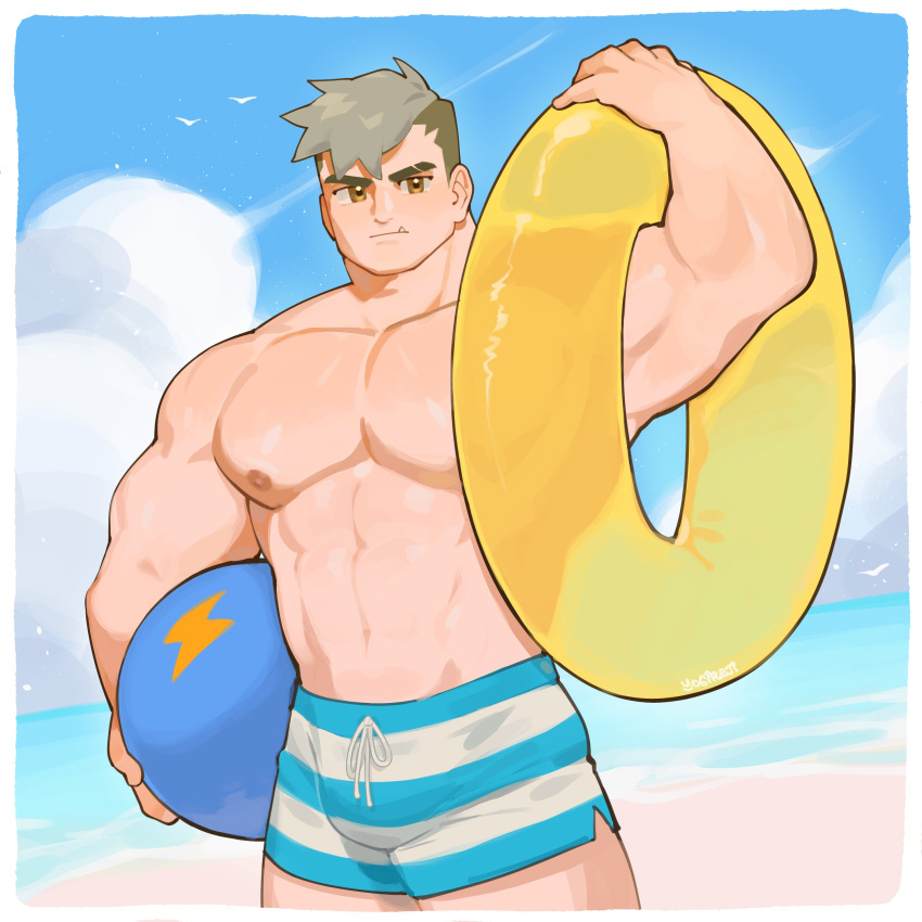 1boy abs absurdres all_saints_street ball bara beach beachball blue_male_swimwear blue_sky bulge clip_studio_paint_(medium) cloud damao_(all_saints_street) day eyebrow_cut fang_out grey_hair highres holding holding_ball inflatable_toy large_pectorals male_focus male_swimwear muscular muscular_male navel nipples oerba_yun_fang pectorals short_hair sky swim_trunks topless_male undercut water yellow_eyes yogireji