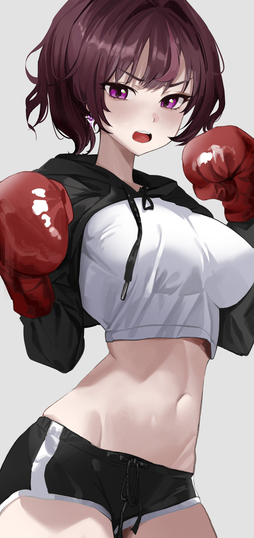 absurdres angry black_shorts blush boxing_gloves breasts brown_hair commentary crop_top female grey_background hands_up highres hooded_shrug jururu large_breasts midriff multicolored_hair navel open_mouth ori_(0rizuru) purple_eyes purple_hair shorts shrug_(clothing) simple_background solo stomach streaked_hair teeth two-tone_hair upper_teeth_only v-shaped_eyebrows virtual_youtuber waktaverse