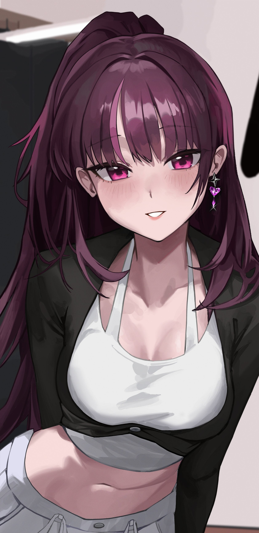 absurdres black_sleeves blush breasts commentary crop_top earrings female heart heart_earrings high_ponytail highres indoors jewelry jururu long_hair long_sleeves looking_at_viewer medium_breasts midriff multicolored_hair navel ori_(0rizuru) pants purple_eyes purple_hair shrug_(clothing) single_earring smile solo stomach streaked_hair virtual_youtuber waktaverse white_pants