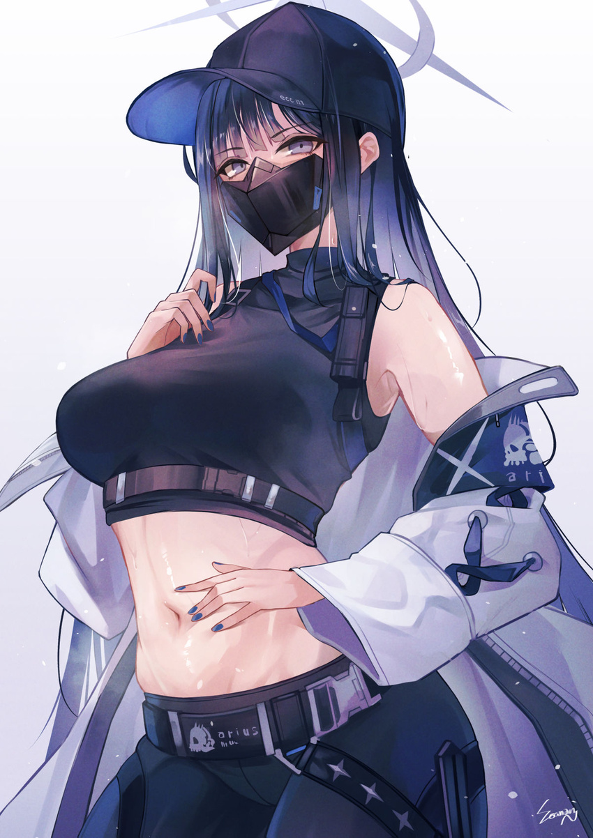 baseball_cap belt black_belt black_pants blue_archive blue_eyes blue_hair blue_nails breasts crop_top female halo hat highres jacket large_breasts long_hair mask midriff mouth_mask navel off_shoulder pants saori_(blue_archive) sea_nami solo stomach very_long_hair white_jacket