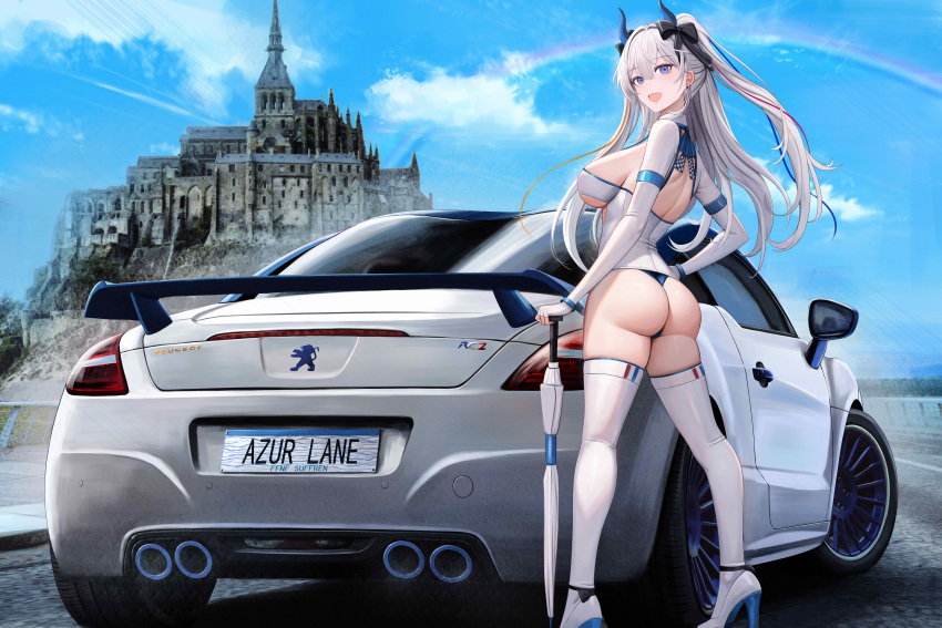 :d absurdres alternate_costume ass azur_lane black_ribbon blue_horns blue_sky breasts car character_name cleavage closed_umbrella cloud commentary copyright_name day earrings elbow_gloves female fingerless_gloves france full_body gloves hair_between_eyes hair_ribbon high_heels highres horns jewelry kcar66t large_breasts license_plate long_hair looking_at_viewer mont_st-michel motor_vehicle open_mouth outdoors peugeot peugeot_rcz product_placement race_queen real_world_location ribbon shirt sidelocks skindentation sky smile solo standing suffren_(azur_lane) thighhighs thong umbrella white_footwear white_gloves white_hair white_shirt white_thighhighs