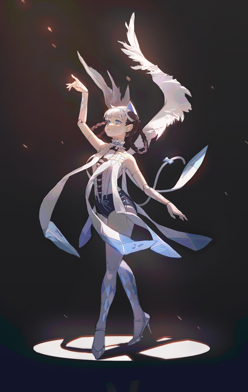 75935331 absurdres adapted_costume angel_wings animal_ears argyle_clothes argyle_socks arm_up athletic_leotard ballerina ballet bambinata:_vitrum_(punishing:_gray_raven) bambinata_(punishing:_gray_raven) bare_arms bare_legs bare_shoulders black_hair black_leotard blue_eyes braided_hair_rings cat_ears cat_girl cat_tail chinese_commentary collar collarbone commentary cyborg dancing dark_background detached_collar doll_joints fake_animal_ears fake_tail feathered_wings female frilled_collar frills full_body hair_ornament hairclip heart heart_hair_ornament high_heels highres joints kneehighs leotard light_particles looking_up mechanical_arms mechanical_parts petite punishing:_gray_raven seams socks solo spotlight tail two-tone_leotard white_footwear white_hair white_leotard white_socks wings