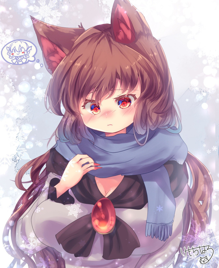 animal_ears blue_scarf blush breasts brown_hair cleavage closed_mouth dress female fingernails fringe_trim highres imaizumi_kagerou kemo_chiharu large_breasts long_fingernails long_hair long_sleeves nail_polish red_eyes red_nails scarf sharp_fingernails signature solo touhou upper_body wakasagihime white_dress wolf_ears