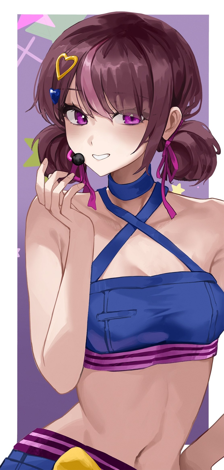 blush breasts collarbone commentary criss-cross_halter crop_top double_bun female hair_bun hair_ornament hair_ribbon halterneck hand_on_own_hip hand_up headset heart heart_hair_ornament highres jururu midriff multicolored_hair navel ori_(0rizuru) purple_eyes purple_hair purple_ribbon ribbon smile solo stomach streaked_hair teeth two-tone_hair virtual_youtuber waktaverse