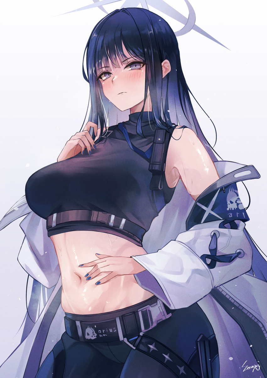 belt black_belt black_pants blue_archive blue_eyes blue_hair blue_nails blush breasts closed_mouth crop_top female halo highres jacket large_breasts long_hair midriff navel off_shoulder pants saori_(blue_archive) sea_nami solo stomach very_long_hair white_jacket