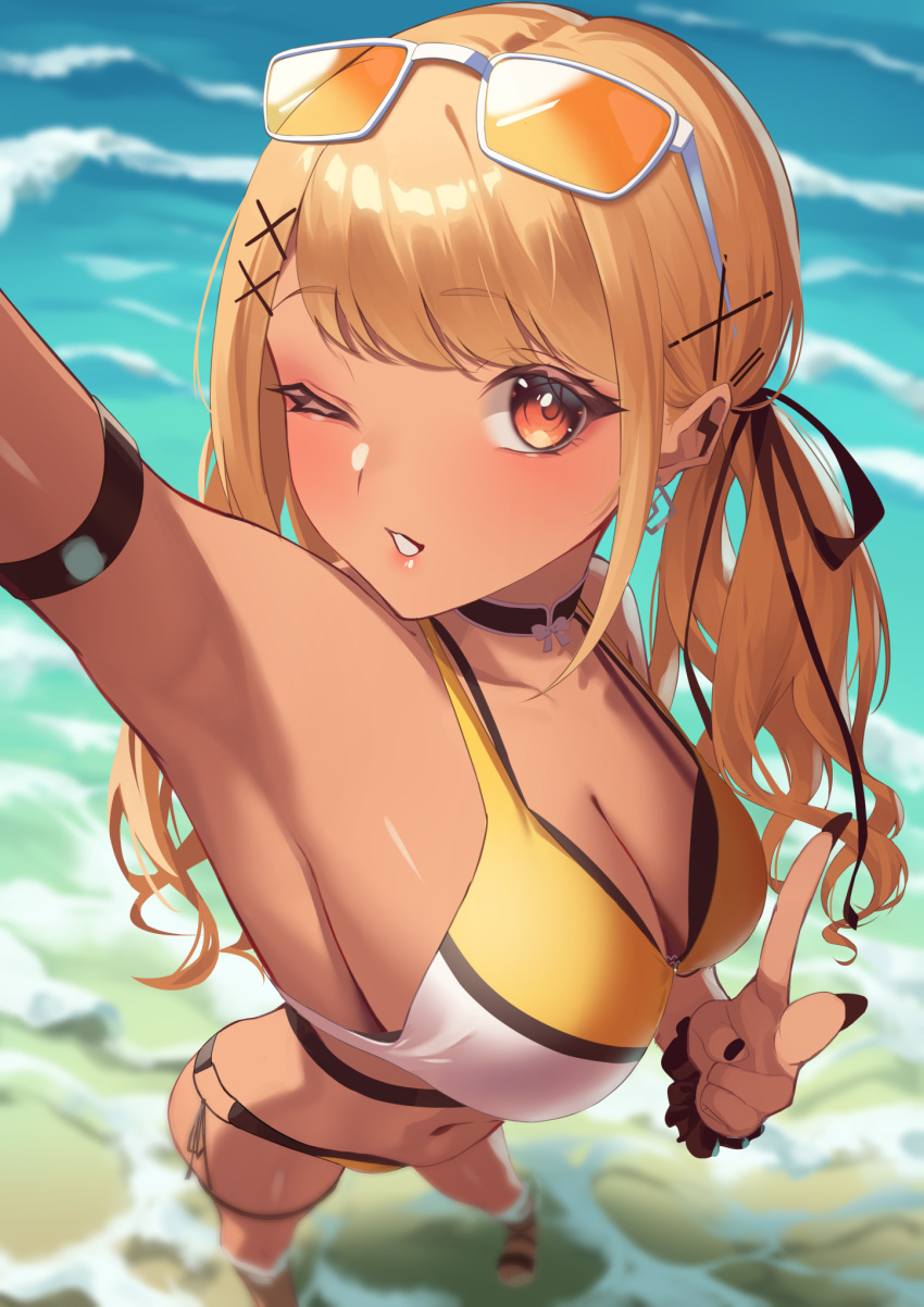 arm_strap armpits bad_perspective barbell_piercing bikini black_bikini black_choker black_ribbon black_scrunchie blonde_hair breasts choker dark-skinned_female dark_skin ear_piercing earrings eyewear_on_head female foreshortening from_above gyaru hair_ornament hair_ribbon highres industrial_piercing jewelry kaminari_qpi kaminari_qpi_(summer_c102) kogal komito_(komito5310) large_breasts layered_bikini lightning_bolt_piercing long_hair looking_at_viewer low_twintails multicolored_bikini multicolored_clothes navel ocean one_eye_closed orange-tinted_eyewear orange_bikini orange_eyes parted_lips piercing reaching reaching_towards_viewer ribbon sandals scrunchie selfie side-tie_bikini_bottom solo standing stomach sunglasses swimsuit tan thigh_strap tinted_eyewear twintails v virtual_youtuber vspo! water waves white_bikini wrist_scrunchie x_hair_ornament