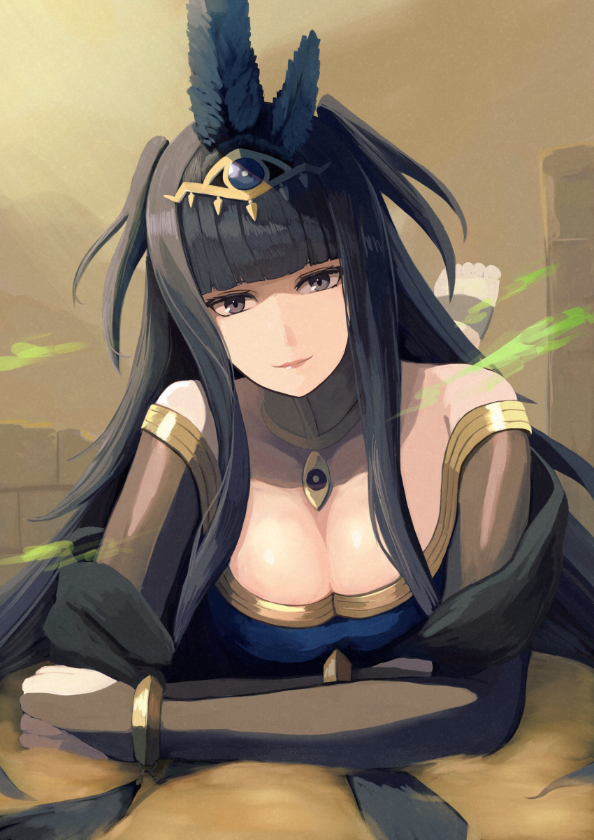 absurdres bare_shoulders black_eyes black_hair blunt_bangs bracelet breasts bridal_gauntlets cleavage closed_mouth feather_hair_ornament feathers female fire_emblem fire_emblem_awakening fire_emblem_heroes gold gold_trim hair_ornament highres jewelry labebebe_lee large_breasts light_smile long_hair looking_at_viewer lying mixed-language_commentary neck_ring official_alternate_costume on_stomach solo tharja_(fire_emblem) tharja_(plegian)_(fire_emblem) the_pose tiara two_side_up