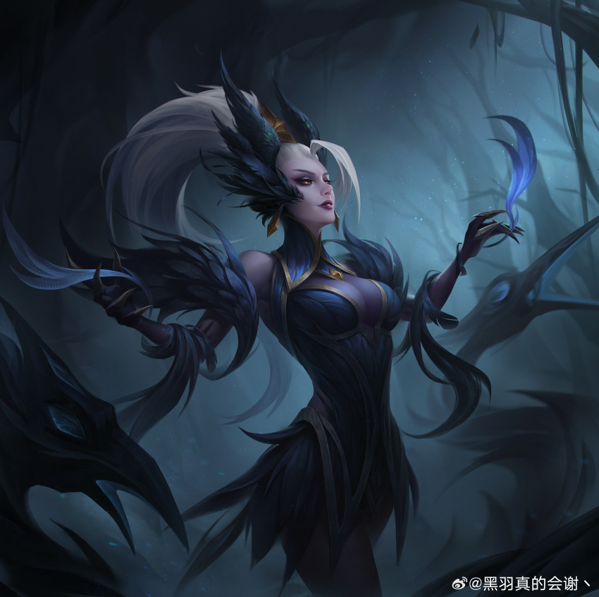 absurdres artist_name branch breasts chinese_commentary coven_zyra earrings female fog forest highres jewelry large_breasts league_of_legends long_hair looking_ahead nature official_alternate_costume official_alternate_hairstyle outdoors parted_lips red_eyes solo standing touding_you tree white_hair zyra