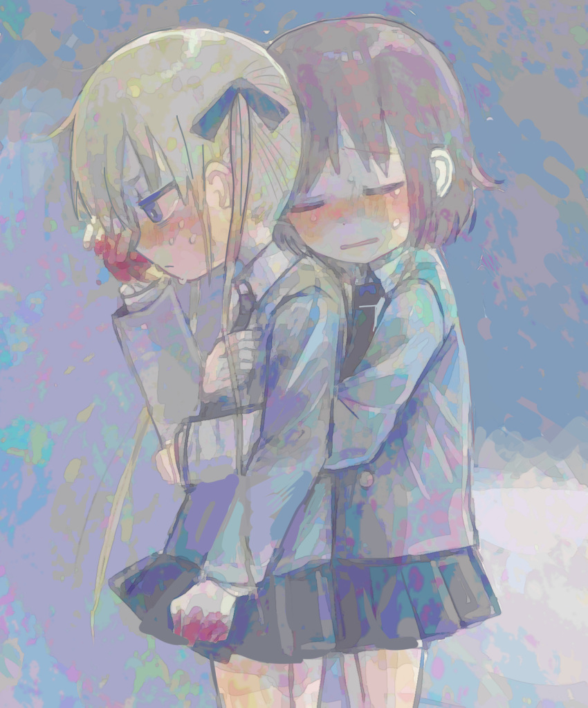 2girls bags_under_eyes black_necktie black_ribbon black_skirt blazer blonde_hair blood blood_on_hands blush clenched_hand closed_eyes collared_shirt colorful commentary_request cowboy_shot crying facing_to_the_side facing_viewer from_side furrowed_brow grey_jacket hair_ribbon hand_up highres hug hug_from_behind jacket kill_me_baby long_sleeves looking_ahead multiple_girls necktie oribe_yasuna pleated_skirt raised_eyebrows ribbon school_uniform shirt skirt sonya_(kill_me_baby) twintails yasashii_naizou