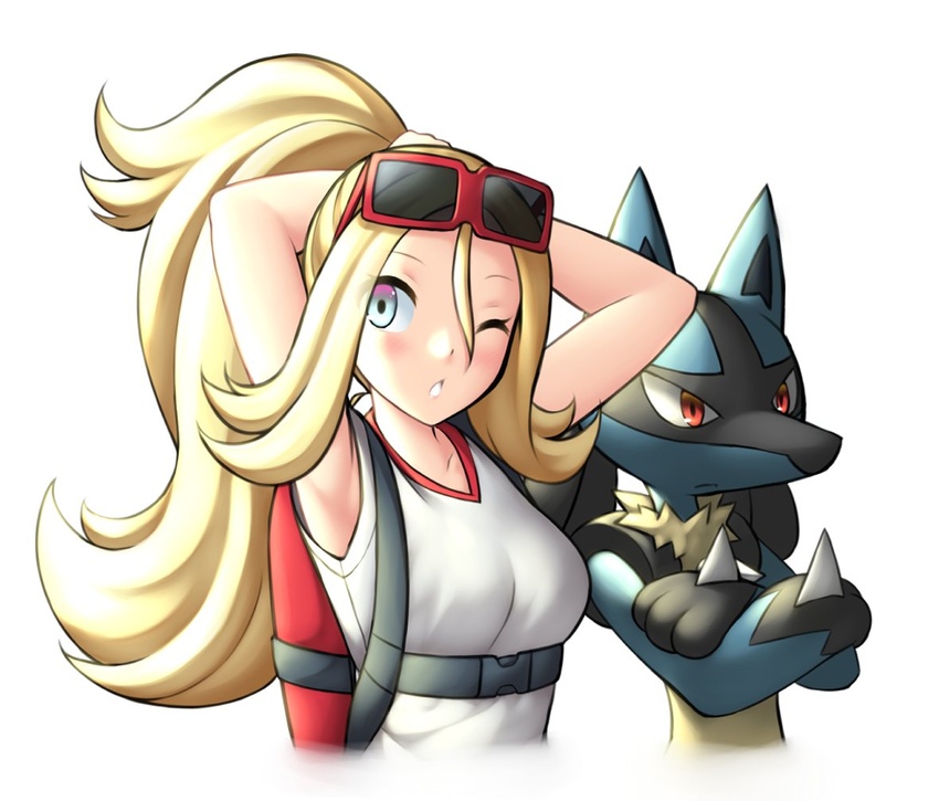 ;o armpits arms_behind_head backpack bag blonde_hair blue_eyes dress eyewear_on_head female hair_between_eyes korrina_(pokemon) looking_at_viewer lucario one_eye_closed pinguinkotak pokemon pokemon_(anime) pokemon_(creature) pokemon_xy_(anime) ponytail sleeveless sleeveless_dress sunglasses tying_hair upper_body white_dress