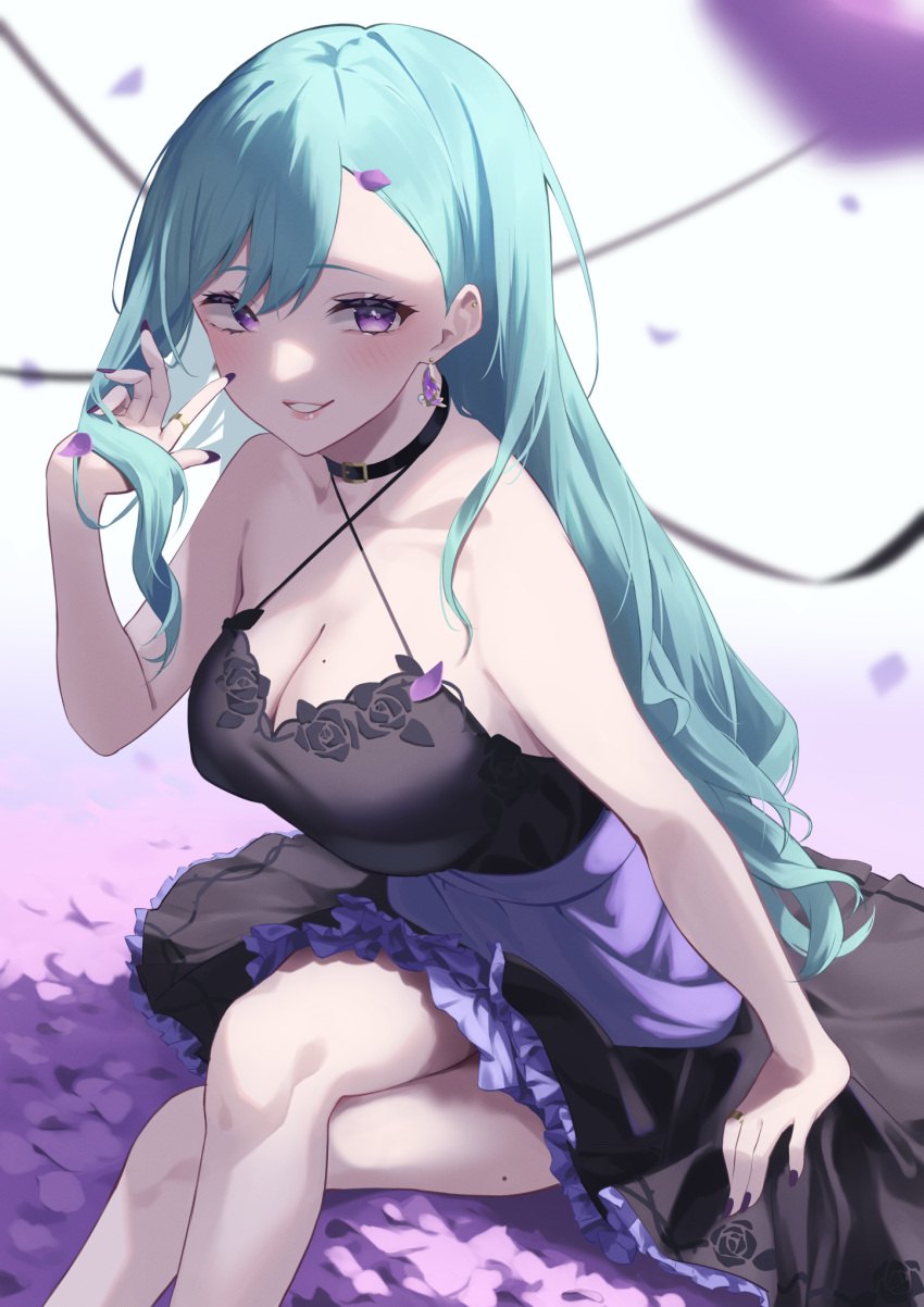 aqua_hair arm_support asymmetrical_bangs bad_perspective bare_shoulders black_collar black_dress blush breasts cleavage collar crossed_legs dress earrings female floral_print flower frilled_dress frills hair_behind_ear highres jewelry komito_(komito5310) large_breasts long_hair looking_at_viewer mole mole_on_breast mole_on_thigh parted_lips petals purple_eyes purple_flower purple_nails ring sash sitting solo swept_bangs very_long_hair virtual_youtuber vspo! yakumo_beni