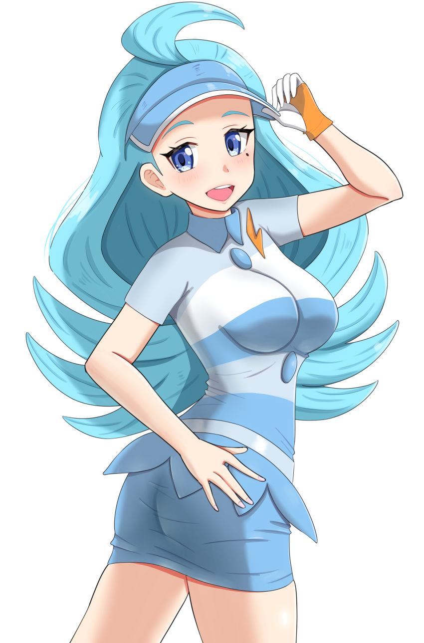 absurdres ahoge ass blue_eyes blue_hair blue_headwear blue_skirt breasts buttons female flipped_hair gloves hand_on_own_hip highres kahili_(pokemon) light_blue_hair long_hair maho_(corotonton5150) medium_breasts mole mole_under_eye pencil_skirt pokemon pokemon_sm shirt short_sleeves single_glove skirt striped_clothes striped_shirt teeth upper_teeth_only visor_cap