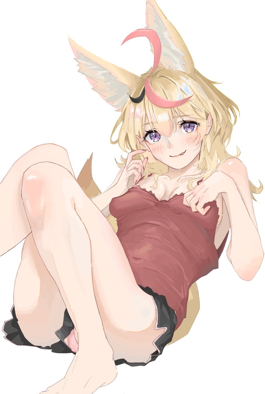 9tk9m ahoge alternate_costume animal_ears bare_shoulders barefoot black_shorts blonde_hair blush breasts breasts_apart camisole casual culottes female fox_ears fox_girl fox_tail hands_on_own_chest highres hololive long_hair looking_at_viewer lying multicolored_hair omaru_polka panties pink_hair pink_panties purple_eyes red_camisole shorts simple_background smile solo streaked_hair tail thighs underwear upshorts virtual_youtuber white_background