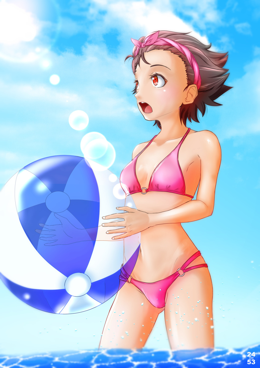 alternate_costume ass_visible_through_thighs ball beachball bikini blue_sky breasts brown_hair cloud collarbone day female girls_und_panzer groin highres lens_flare momogaa_(girls_und_panzer) nishi_itsumi ocean open_mouth pink_bikini red_eyes short_hair sky small_breasts swimsuit teeth tongue wading water wide-eyed