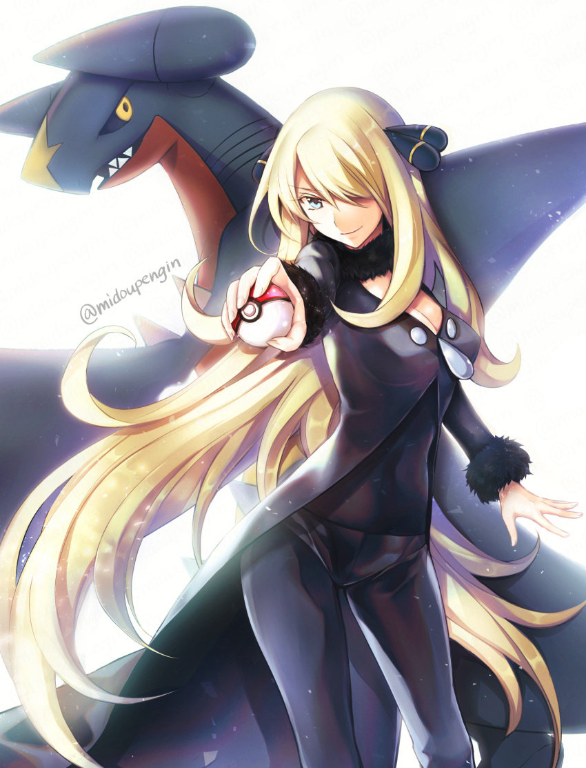 black_coat black_pants black_shirt blonde_hair blue_eyes breasts cleavage closed_mouth coat commentary_request cynthia_(pokemon) female floating_hair fur-trimmed_coat fur_trim garchomp hair_ornament hair_over_one_eye highres holding holding_poke_ball long_hair long_sleeves md5_mismatch mintes pants poke_ball poke_ball_(basic) pokemon pokemon_(creature) pokemon_dppt shirt smile