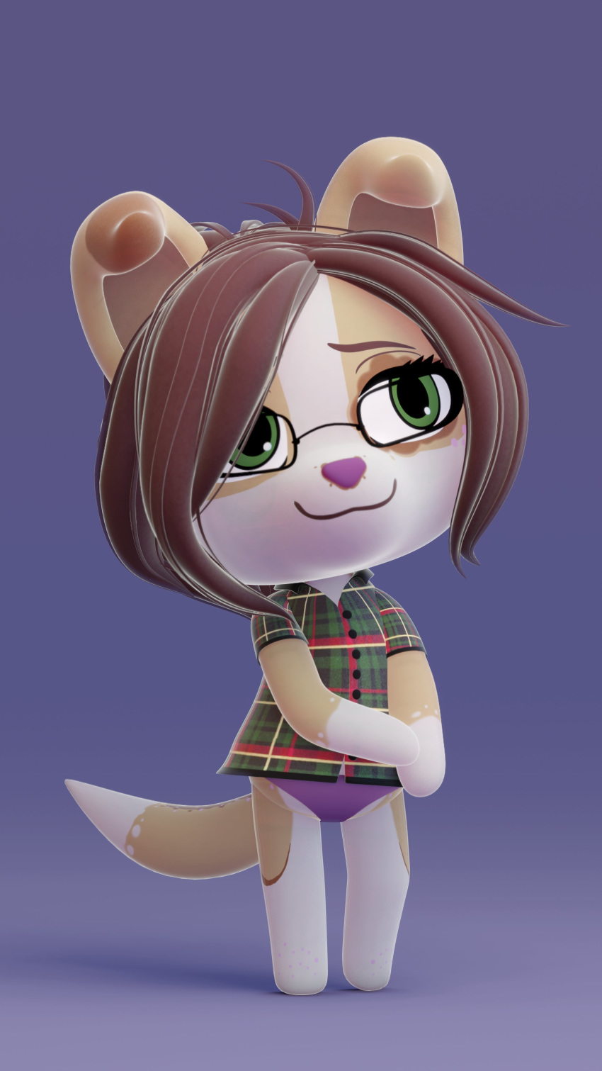 3d_(artwork) 4k 9:16 absurd_res animal_crossing anthro canid canine canis clothing digital_media_(artwork) dimmi_(character) dipstick_tail domestic_dog eyewear fan_character female glasses hi_res kekitopu mammal markings multicolored_tail nintendo panties pattern_clothing pattern_shirt pattern_topwear plaid plaid_clothing plaid_shirt plaid_topwear shirt simple_background solo tail tail_markings topwear underwear