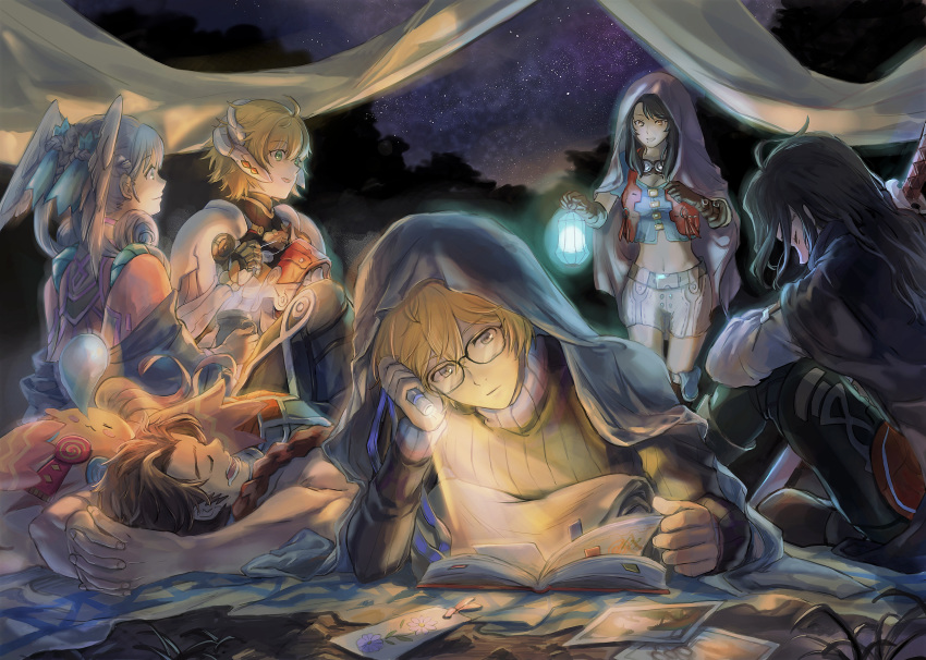 3girls 4boys black_hair blonde_hair book bookmark camping cyborg dunban_(xenoblade) fiora_(xenoblade) flashlight full_body fuwamoko_momen_toufu glasses green_eyes head_wings highres holding holding_lantern katana lantern long_hair mecha-fiora melia_antiqua midriff mole mole_under_mouth multiple_boys multiple_girls navel night night_sky nopon nose_bubble outdoors photo_(object) reading reyn_(xenoblade) riki_(xenoblade) sharla_(xenoblade) short_hair shulk_(xenoblade) sky sleeping smile spoilers star_(sky) starry_sky sword weapon wings xenoblade_chronicles_(series) xenoblade_chronicles_1