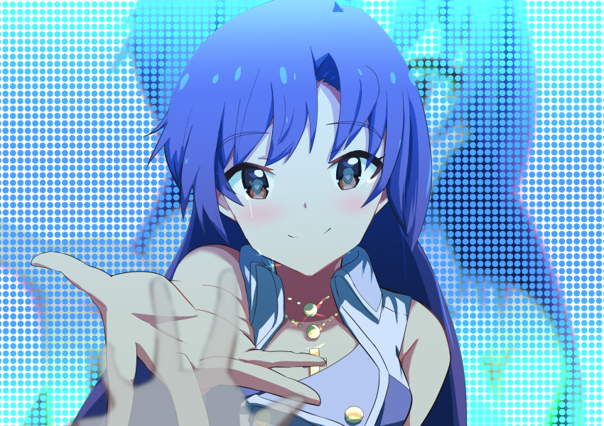 1boy blue_hair blush display_board eye_reflection female foreshortening highres idol idolmaster idolmaster_(classic) jewelry kisaragi_chihaya kisaragi_yuu_(idolmaster) long_hair looking_at_viewer necklace pov pov_hands reaching reaching_towards_viewer reflection sanami_(sanami_t_38) shirt sleeveless sleeveless_shirt smile stage teardrop transparent_hand upper_body