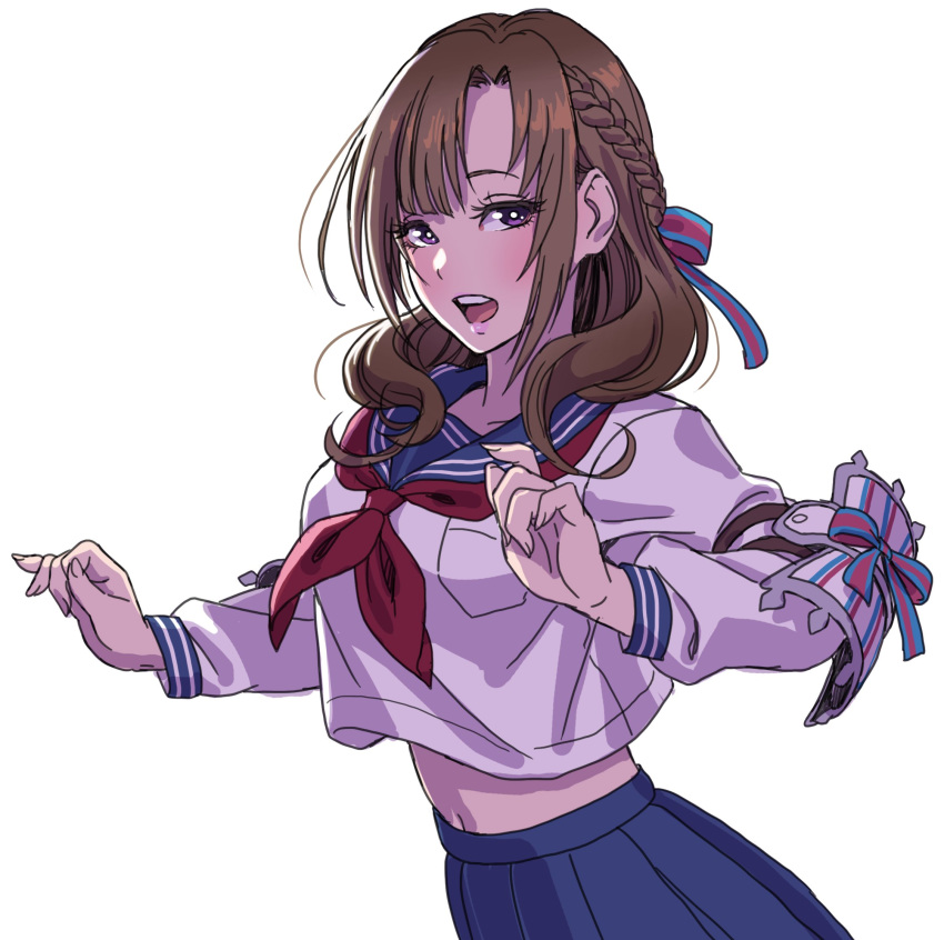 blue_skirt braid brown_hair collarbone commentary crop_top elbow_pads female hair_ribbon highres long_hair long_sleeves looking_at_viewer mature_female midriff midriff_peek neckerchief oosuki_mamako open_mouth purple_eyes red_neckerchief ribbon school_uniform serafuku simple_background skirt solo tsuujou_kougeki_ga_zentai_kougeki_de_ni-kai_kougeki_no_okaasan_wa_suki_desu_ka? white_background yamashita_shun'ya