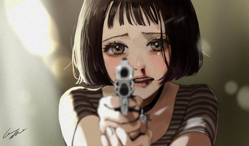 aiming aiming_at_viewer black_choker blood blurry blurry_foreground bob_cut brown_eyes brown_hair choker commentary crying crying_with_eyes_open depth_of_field female gun handgun highres holding holding_gun holding_weapon jewelry leon_the_professional light_particles looking_at_viewer mathilda_lando necklace nosebleed open_mouth pendant_choker pomu_(joynet) revolver ruger_sp101 shirt short_hair short_sleeves signature solo striped_clothes striped_shirt t-shirt tears teeth weapon