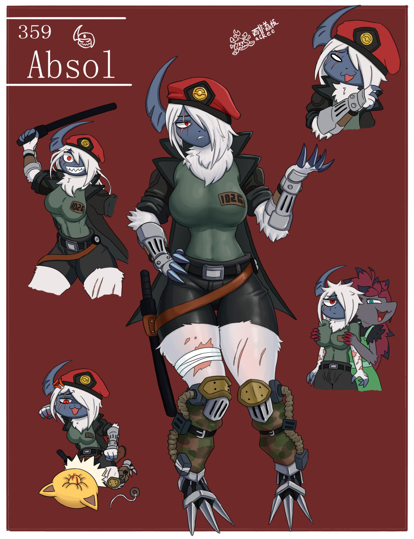 absol absurd_res ackee anthro arm_scar armor beret blood blue_eyes bodily_fluids border bottomwear breast_fondling breast_play breasts camo camo_print chest_tuft claws clothed clothed_anthro clothed_female clothing duo eye_scar eyebrows eyelashes facial_scar female female/female female_anthro fondling fur gauntlets generation_1_pokemon generation_3_pokemon generation_5_pokemon gloves green_eyes hair hand_on_breast handwear hat headgear headwear hi_res holster humanoid hypno_(pokemon) nintendo pants pokemon pokemon_(species) red_background red_eyes red_hair scar shirt simple_background thick_thighs thigh_scar topwear tuft violence white_body white_border white_fur white_hair wide_hips zoroark