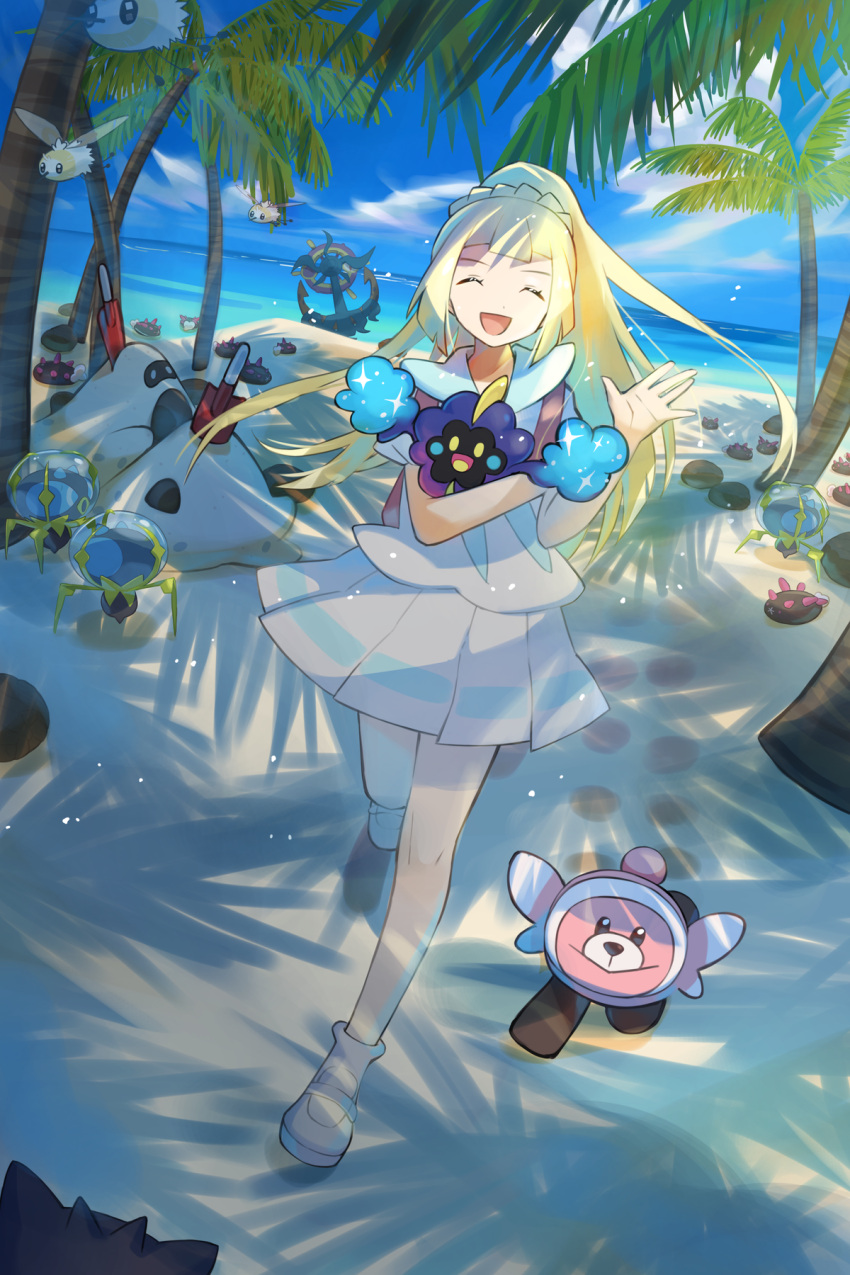 :d asagi1111 backpack bag blonde_hair closed_eyes cloud commentary_request cosmog cutiefly day dewpider dhelmise eyelashes female highres holding holding_pokemon lillie_(pokemon) long_hair open_mouth outdoors palm_tree pleated_skirt pokemon pokemon_(creature) pokemon_sm pyukumuku sand sandygast shirt shoes short_sleeves skirt sky smile socks standing stufful tongue tree white_footwear white_legwear white_shirt white_skirt