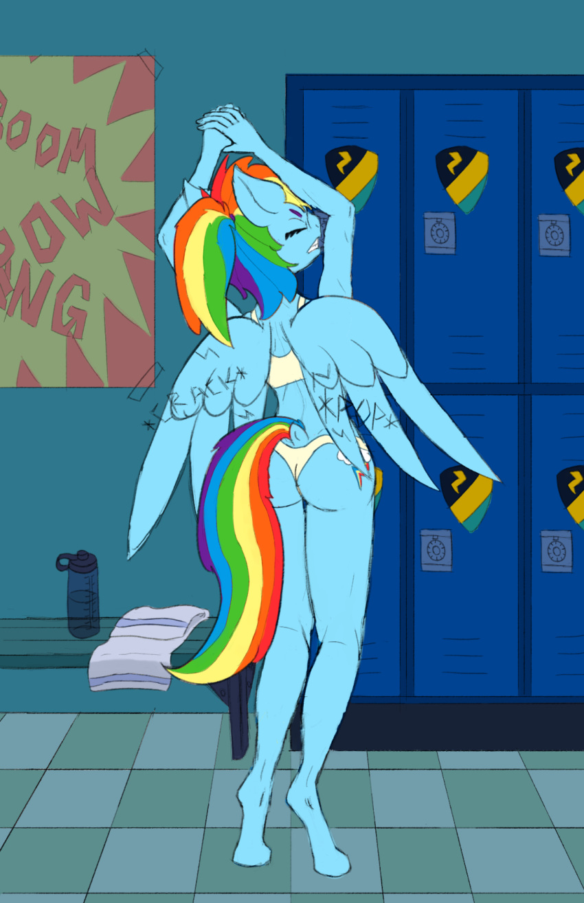 2021 anthro anthrofied ass back_cracking blue_body bottomwear bra clothing cracking cracking_joints cutie_mark different_sound_effects equid equine female friendship_is_magic hair hasbro hi_res horse locker locker_room mammal midriff multicolored_hair multicolored_tail my_little_pony mythological_creature mythological_equine mythology onomatopoeia panties pegasus pony ponytail pop_(sound_effect) poster rainbow_dash_(mlp) rainbow_hair rainbow_tail solo sound_effects spread_wings stretching sufficient_(artist) tail text towel underwear wings wonderbolts_(mlp)