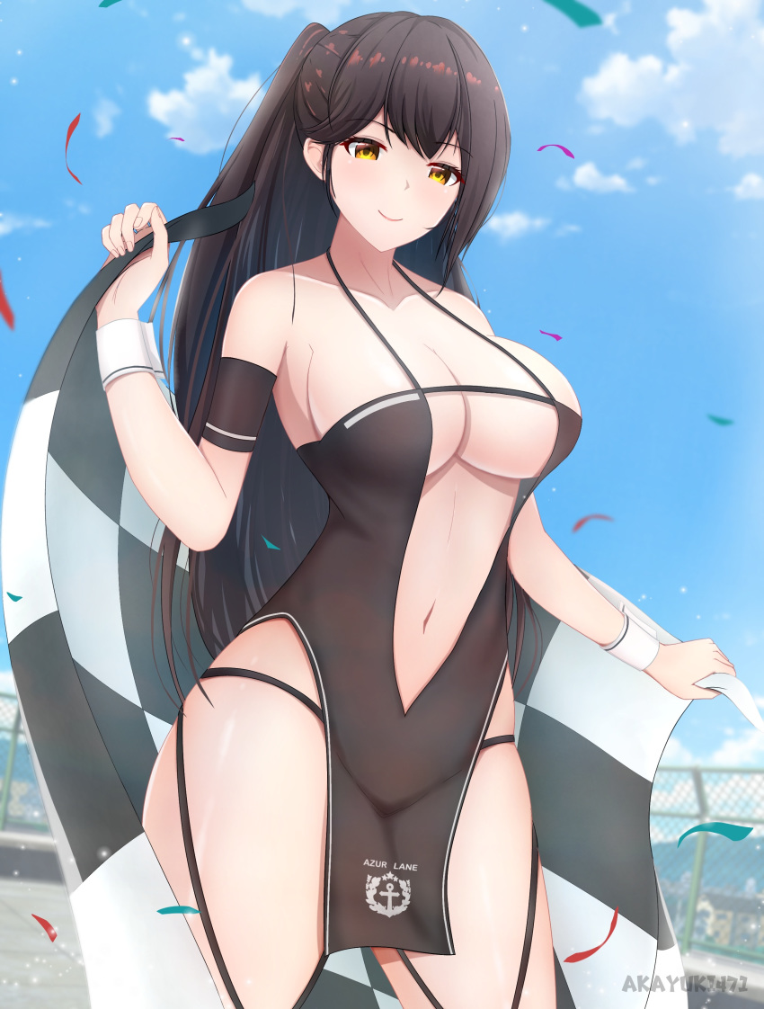 absurdres akayuki471 arm_strap azur_lane bare_hips blue_sky breasts brown_hair center_opening checkered_flag cleavage clothing_cutout cloud female fence flag highres large_breasts long_hair mountainous_horizon navel_cutout official_alternate_costume outdoors race_queen sky smile wrist_cuffs yellow_eyes zuikaku_(azur_lane) zuikaku_(the_wind's_true_name)_(azur_lane)