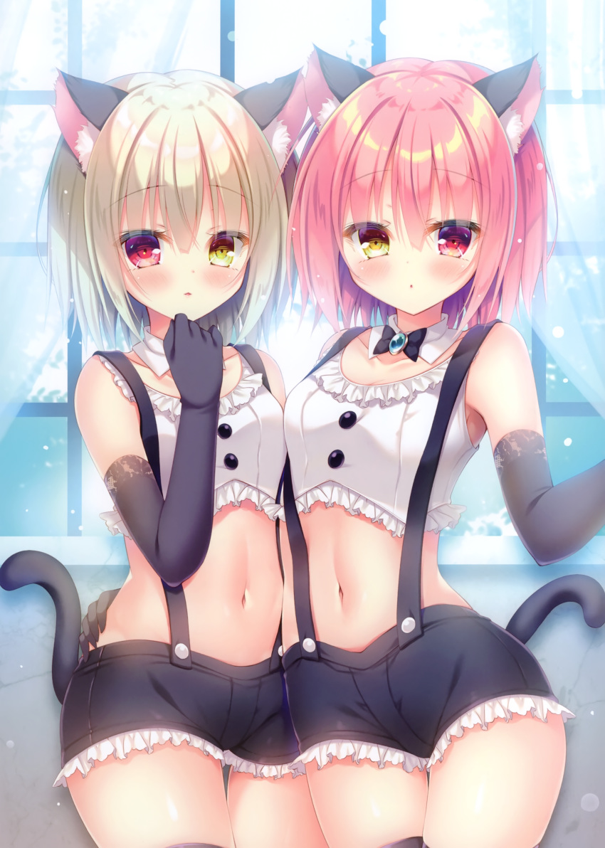 2girls absurdres animal_ear_fluff animal_ears bare_shoulders black_gloves black_legwear black_shorts blonde_hair blush bow bowtie breasts brooch cat_ears cat_girl cat_tail cleavage collarbone cowboy_shot crop_top curtains detached_collar elbow_gloves frilled_shirt frills gloves hand_up heterochromia highres jewelry looking_at_viewer midriff multiple_girls navel original parted_lips pink_hair red_eyes rokudou_itsuki scan shirt short_hair short_shorts shorts side-by-side sleeveless sleeveless_shirt small_breasts standing stomach suspender_shorts suspenders tail thighhighs thighs white_shirt window yellow_eyes