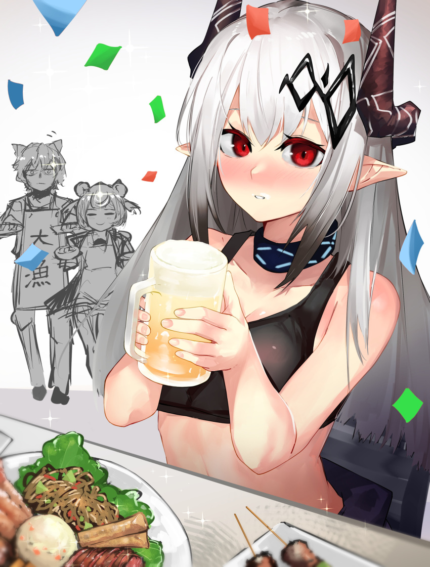 1boy 2girls absurdres alcohol ao_oni_(onioni-aoi) arknights bare_arms bare_shoulders beer beer_mug black_choker black_sports_bra blush choker commentary_request confetti crop_top cup food grey_hair gummy_(arknights) hands_up highres holding holding_cup horns infection_monitor_(arknights) jaye_(arknights) kebab long_hair looking_at_viewer midriff mudrock_(arknights) mug multiple_girls nose_blush parted_lips pointy_ears red_eyes sports_bra spring_roll stomach upper_body