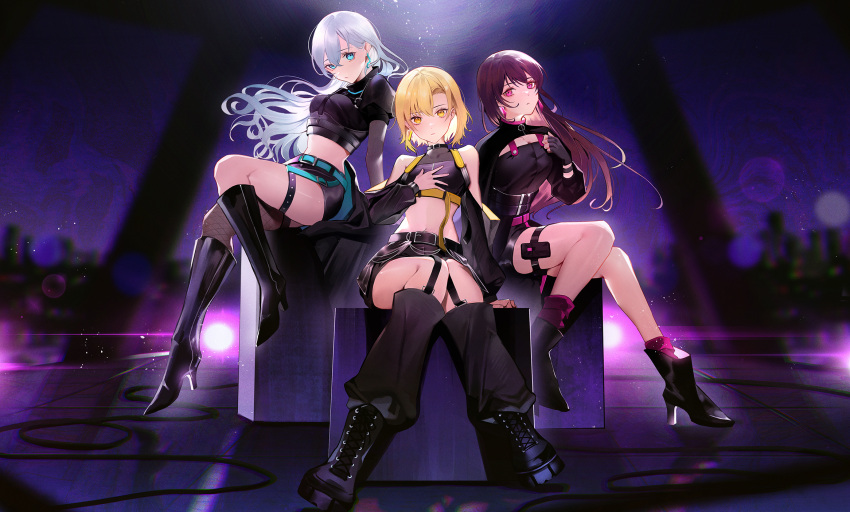 3girls aitsuki_nakuru asymmetrical_legwear belt belt_buckle black_footwear black_gloves black_shorts blonde_hair blue_belt boots brown_hair buckle closed_mouth crop_top fingerless_gloves fishnet_thighhighs fishnets floating_hair full_body gloves green_eyes grey_hair hair_between_eyes high_heel_boots high_heels highres holster knee_boots la_priere long_hair looking_at_viewer midriff multiple_girls natsume_itsuki_(voice_actor) navel nayuta_(voice_actor) official_art red_eyes riz3 short_hair short_shorts shorts single_thighhigh sitting stomach straight_hair thigh_holster thighhighs utaite very_long_hair yellow_eyes