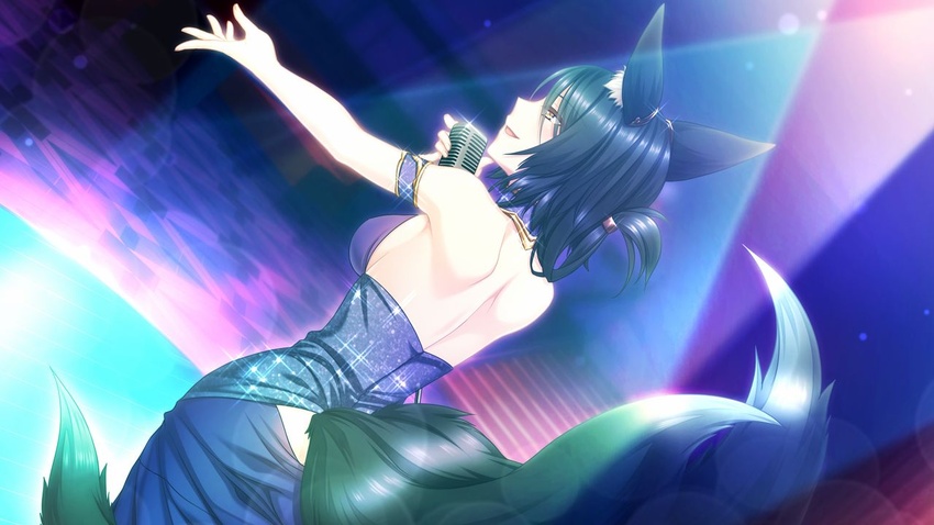 animal_ear_fluff animal_ears arm_strap backless_dress backless_outfit bangs black_hair breasts daria_kirdyapkina dress dutch_angle female fox_ears fox_tail from_behind game_cg hair_between_eyes half-closed_eyes holding holding_microphone lens_flare long_hair medium_breasts microphone multiple_tails music muutsuki official_art outstretched_arm purple_dress shiny shiny_hair shoulder_blades sideboob singing sleeveless sleeveless_dress solo sparkle stage standing tail tied_hair unjou_no_fairy_tale yellow_eyes