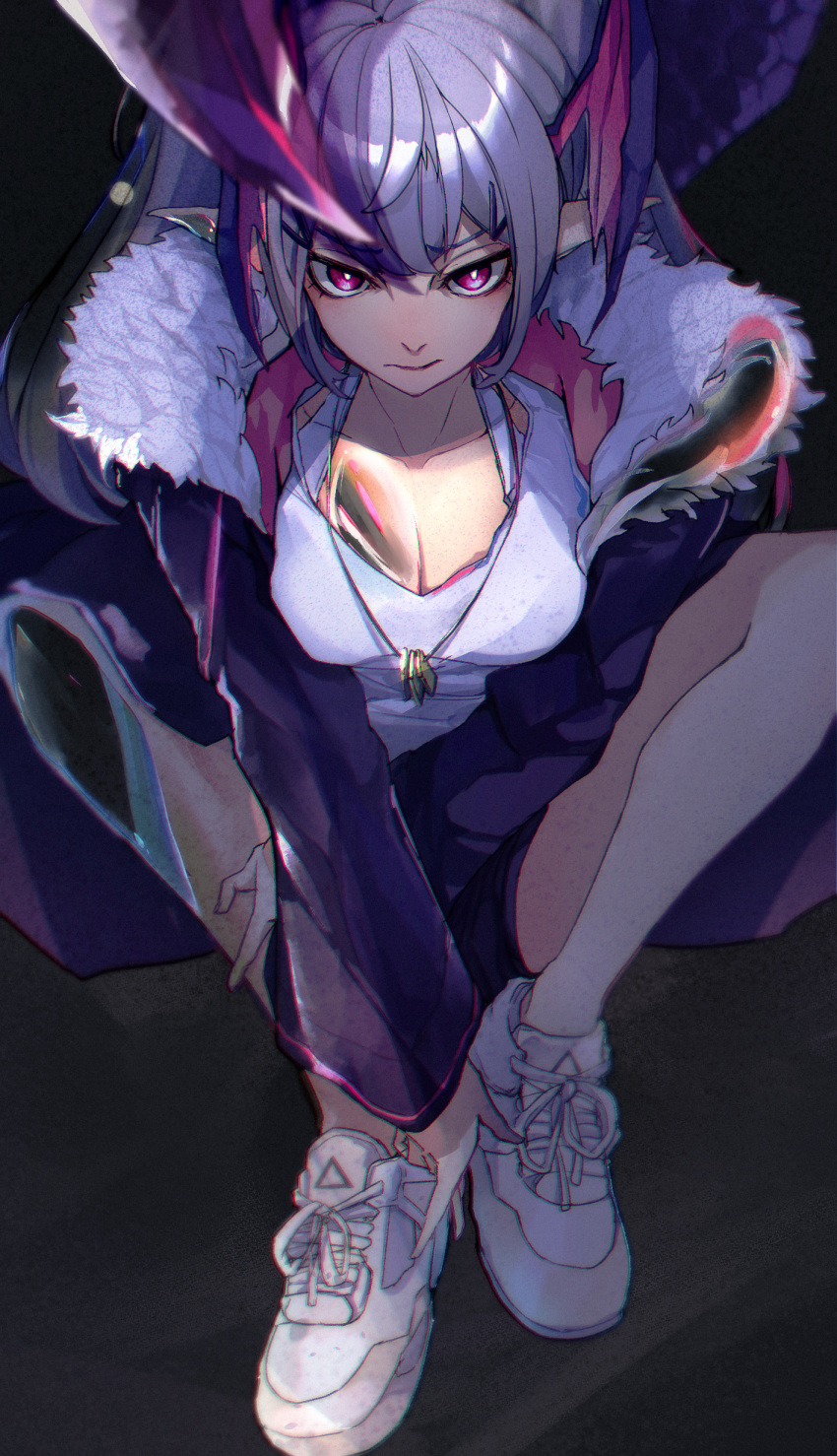 absurdres arknights breasts chromatic_aberration cleavage female film_grain fur-trimmed_jacket fur_trim fuyukayui head_wings highres jacket jewelry long_sleeves manticore_(arknights) necklace open_clothes open_jacket pointy_ears purple_eyes purple_hair purple_jacket shirt shoes sneakers solo tail white_footwear white_shirt wings