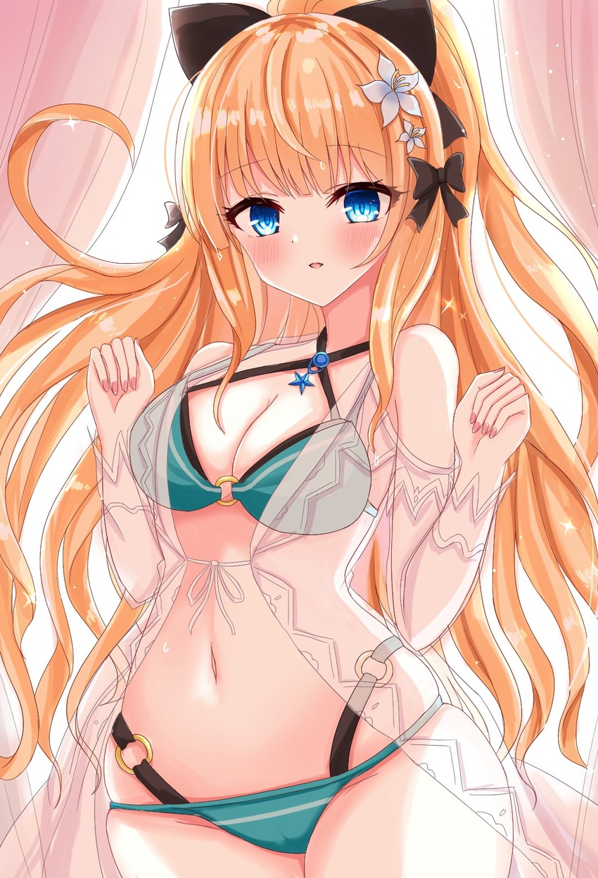 aqua_bikini arms_up bikini black_bow blonde_hair blue_eyes blush bow breasts cleavage elf female flower hair_flower hair_ornament hair_up hairbow highres imono_y large_breasts layered_bikini long_hair looking_at_viewer navel open_mouth pointy_ears ponytail princess_connect! saren_(princess_connect!) saren_(summer)_(princess_connect!) smile solo swimsuit